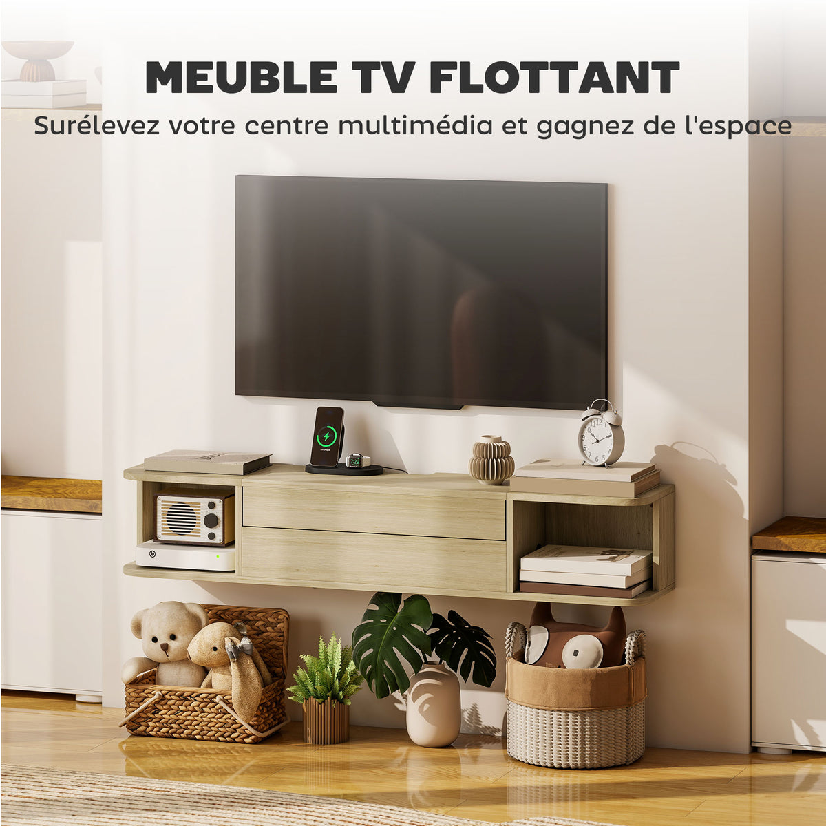 Meuble TV suspendu,50 pouces, tiroir étagères passe-câbles 120x24x22,4cm. Effet bois naturel