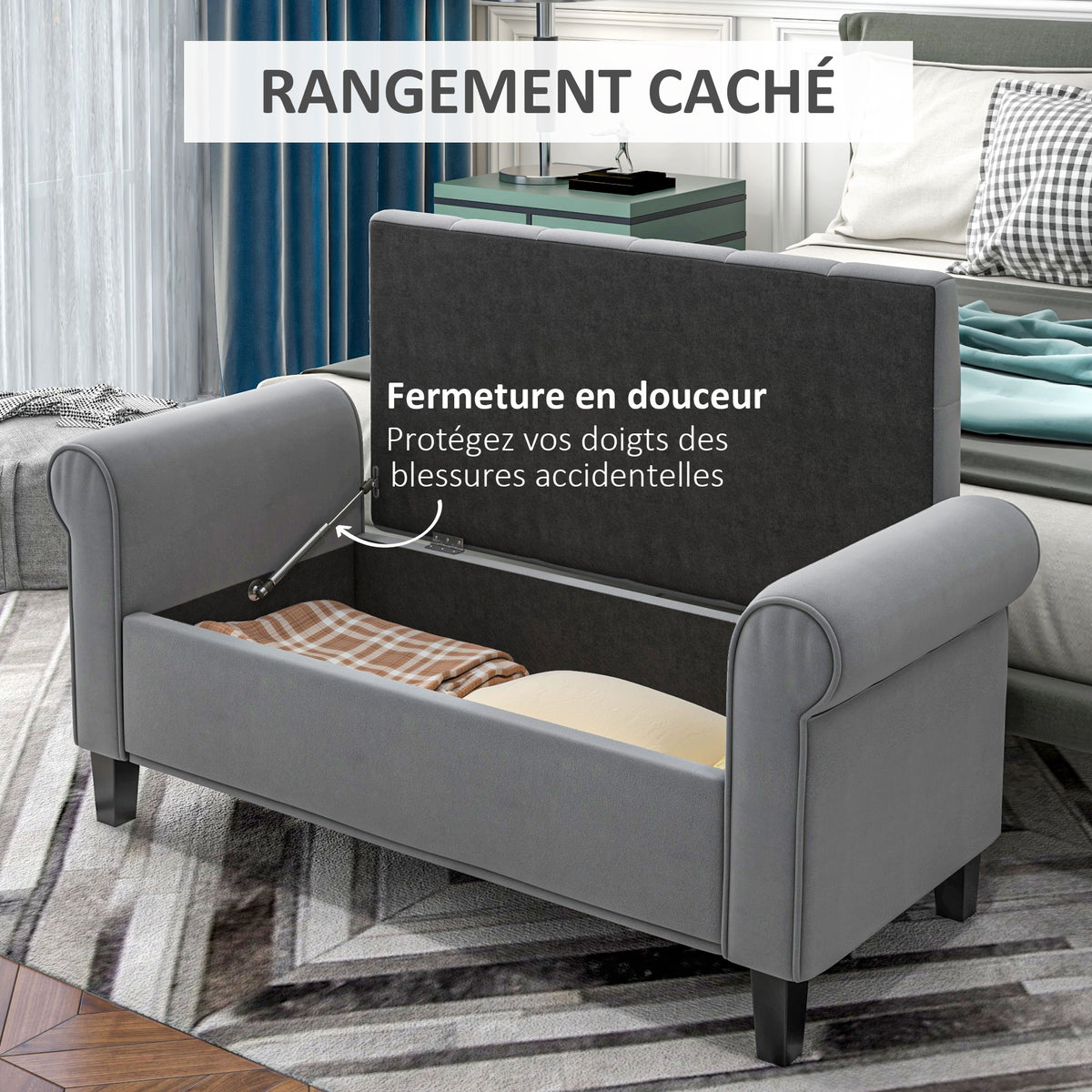 Banc de rangement bout de lit avec accoudoirs, tissu effet velours rembourré, 126 x 48,5 x 57 cm, gris