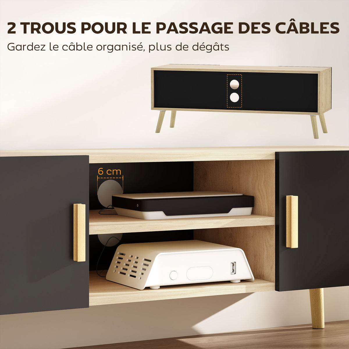 Meuble TV jusqu'à 50 pouces avec étagères, 2 placards et passe-câbles, chêne