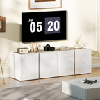 Meuble TV, 4 portes à fermeture amortie, étagère réglable et passe-câbles, 135 x 38 x 45 cm, blanc