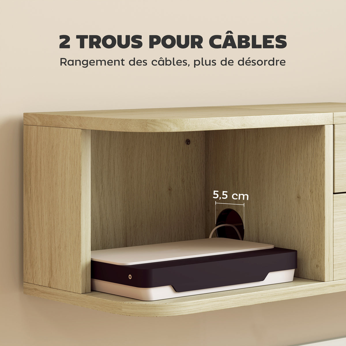 Meuble TV suspendu,50 pouces, tiroir étagères passe-câbles 120x24x22,4cm. Effet bois naturel