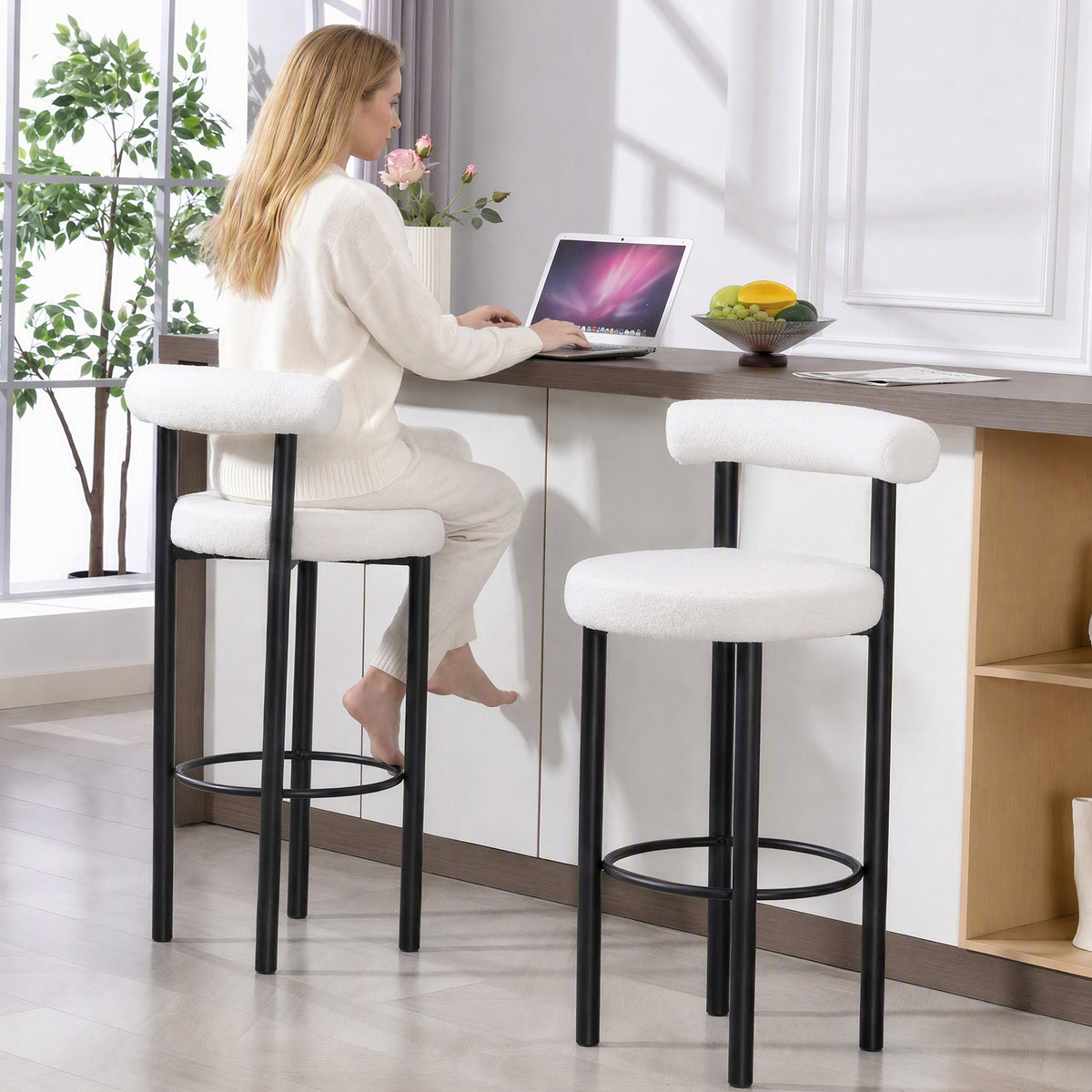 Lot de 2 tabourets de bar, dossier incurvé, repose-pieds, 50x52,5x98cm, blanc