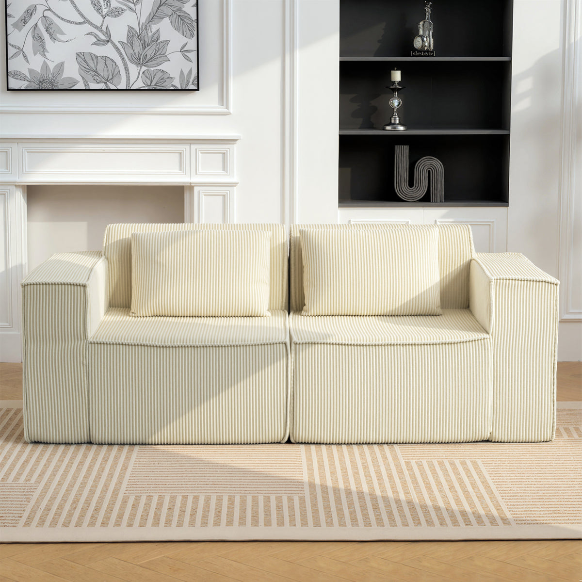 Canapé 3 places en velours, 2 coussins, 202x90x76cm, beige