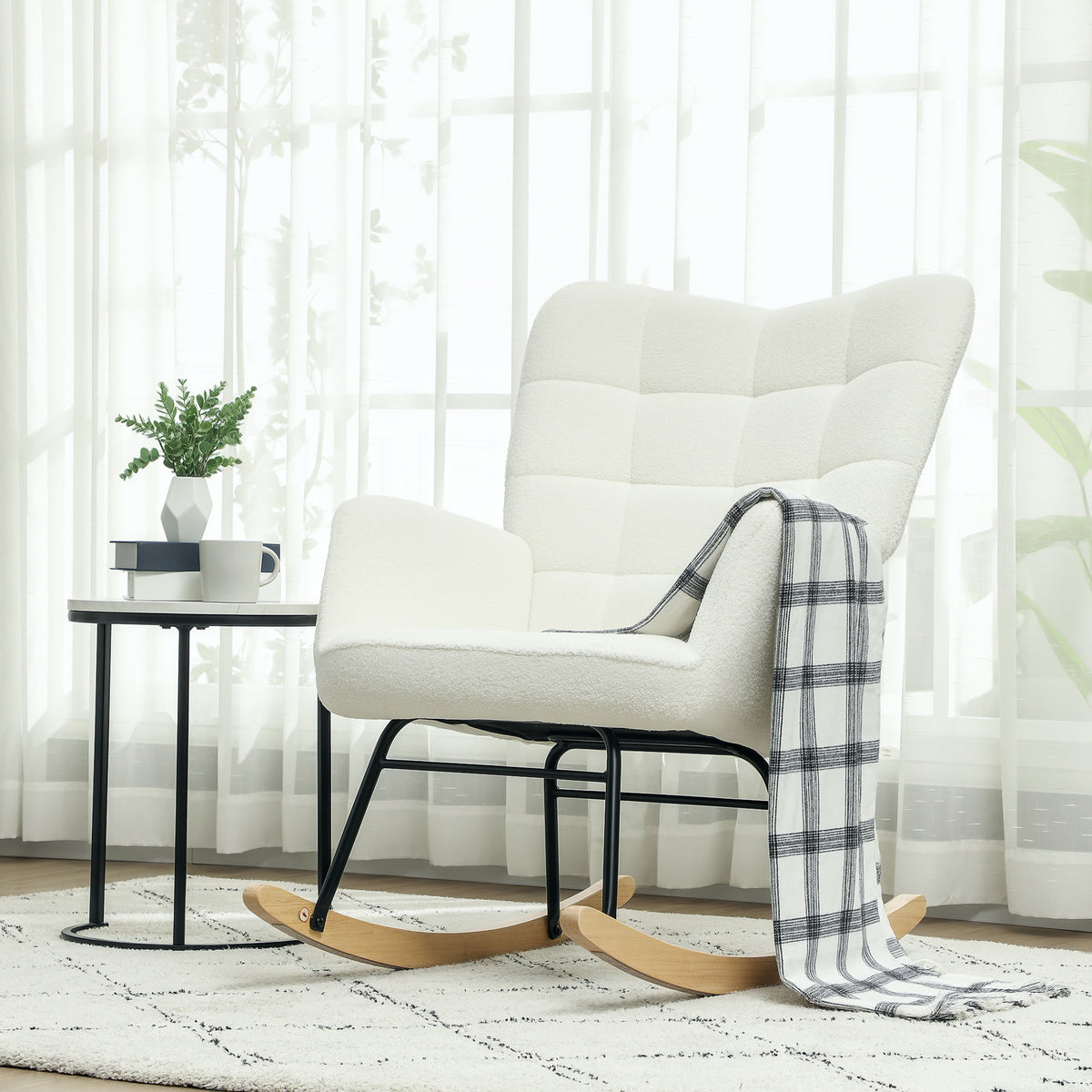 Fauteuil à bascule, effet laine, structure en acier 71 x 98 x 101 cm blanc