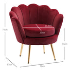 Fauteuil en velours, forme coquillage avec pieds en métal doré, rouge