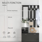 Meuble d'entrée 3 en 1, porte-manteau, miroir et banc à chaussures noir