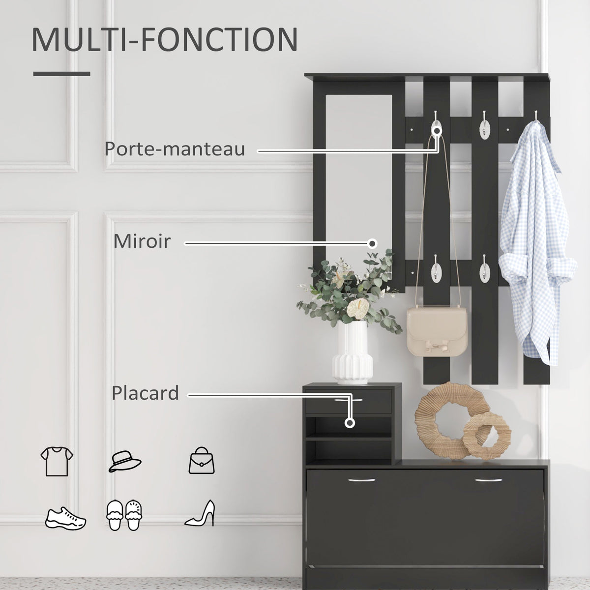 Meuble d'entrée 3 en 1, porte-manteau, miroir et banc à chaussures noir