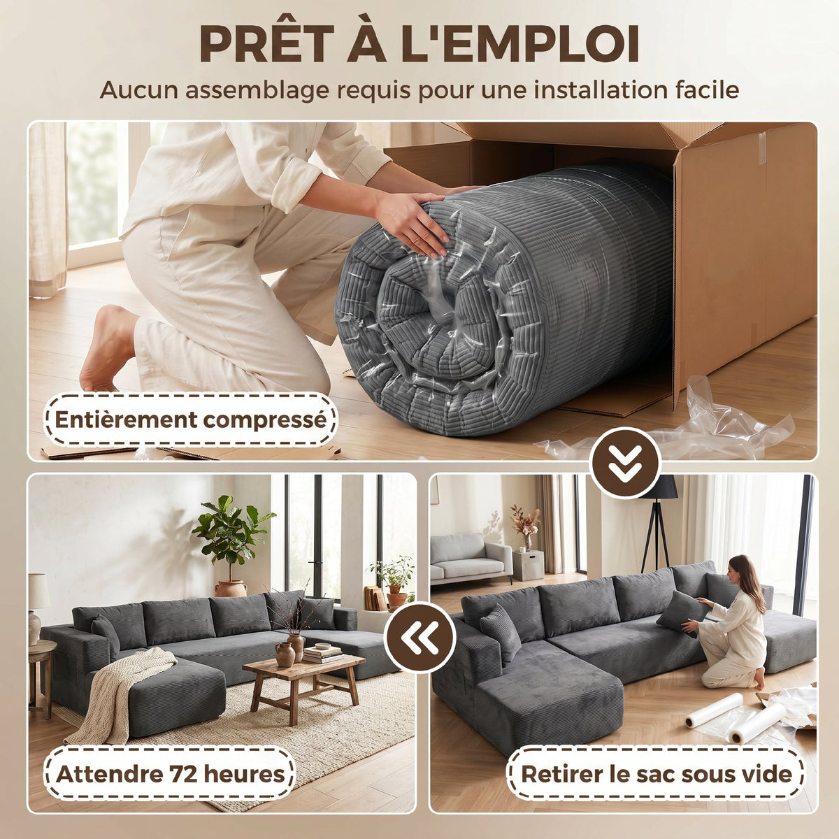 Canapé Modulaire en U 4 Places, 2 Méridiennes, 6 Coussins, 369 x 152 x 78 cm, Gris