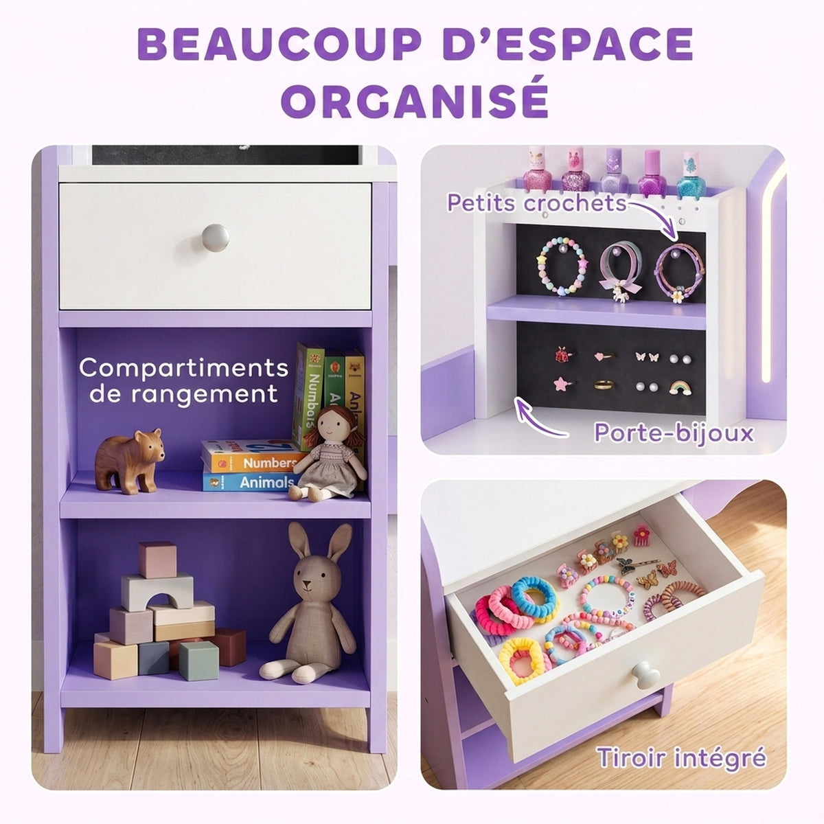 Coiffeuse pour Enfants avec Tabouret et Miroir, Violet