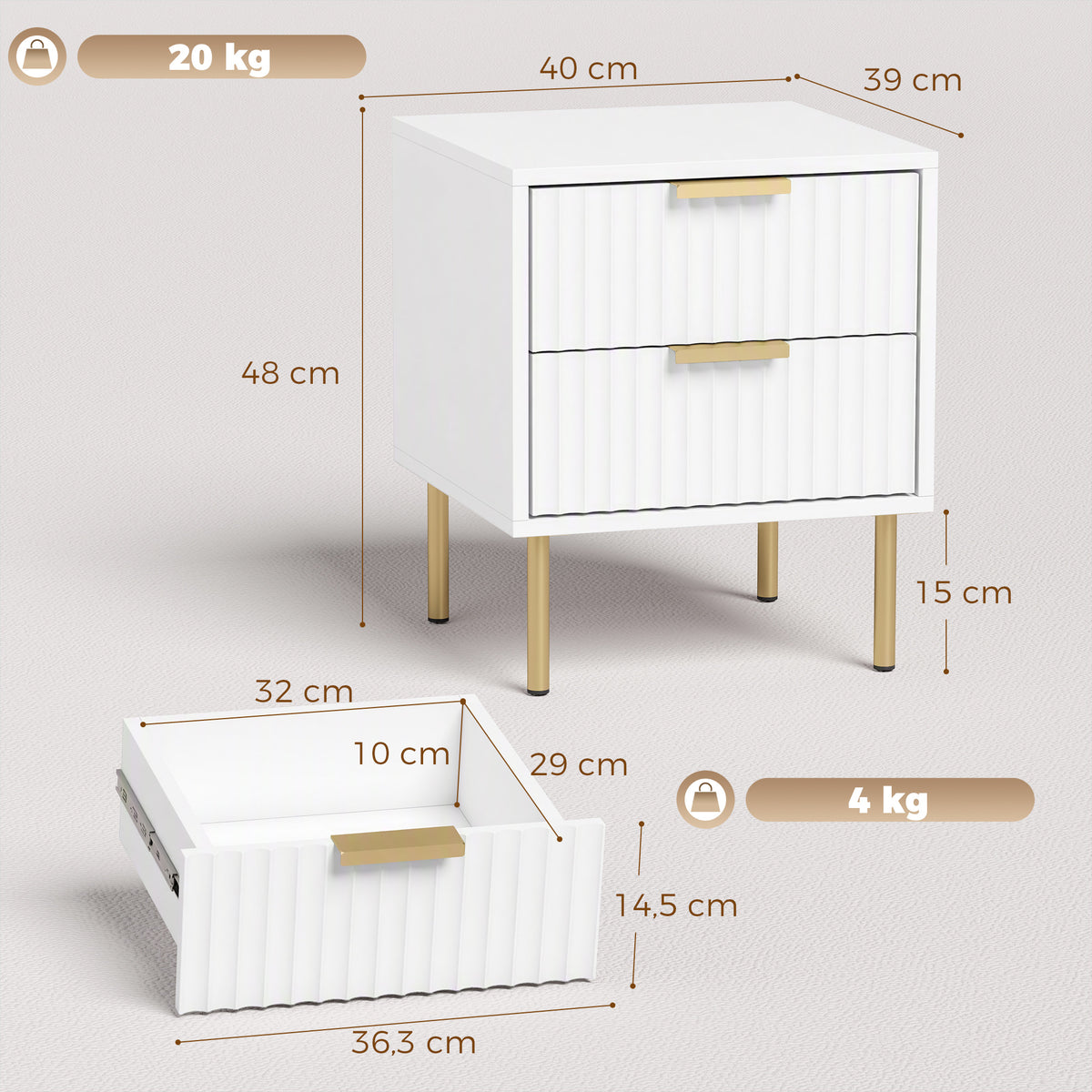 Table de chevet cannelée avec 2 tiroirs et pieds en acier, blanc
