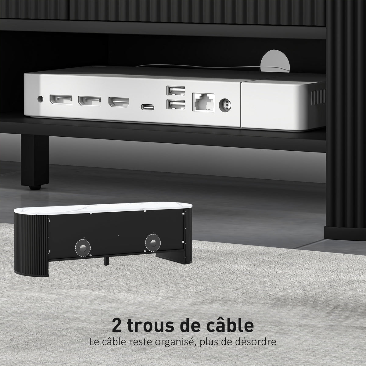 Meuble TV 140 cm, 65 pouces effet marbre avec 3 tiroirs façades à cannelures 2 étagères noir