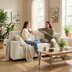 Canapé 3 places en velours 218 cm, coussins à ressorts, 2 coussins, beige