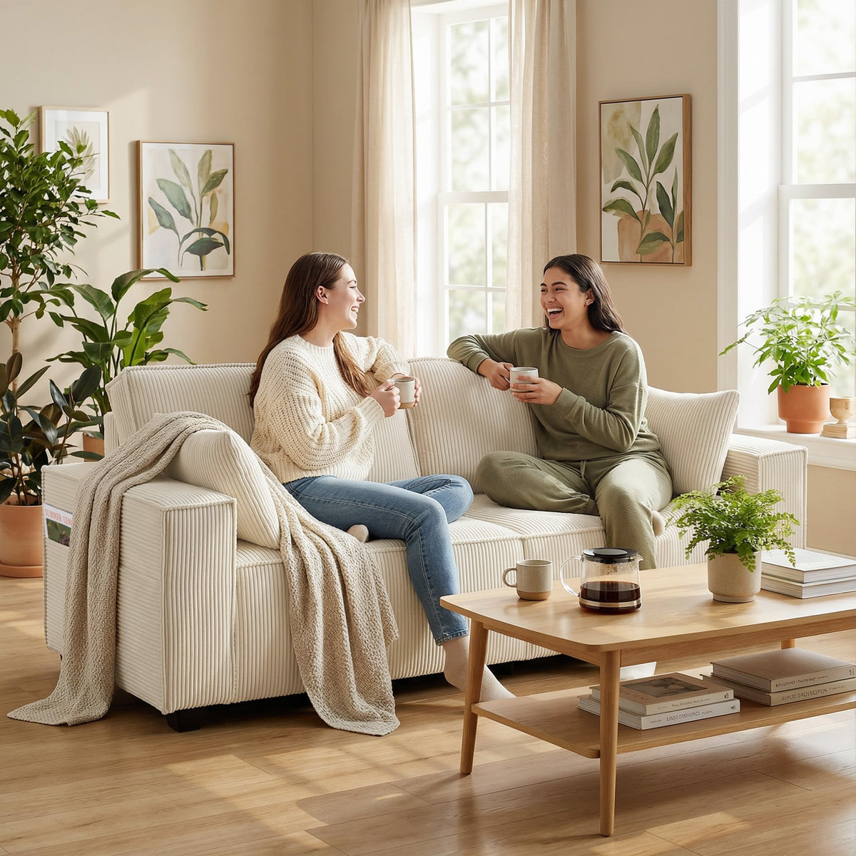 Canapé 3 places en velours 218 cm, coussins à ressorts, 2 coussins, beige