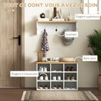 Meuble d'entrée 2-en-1 porte-manteau mural + banc à chaussures, 75x30x50cm blanc et chêne