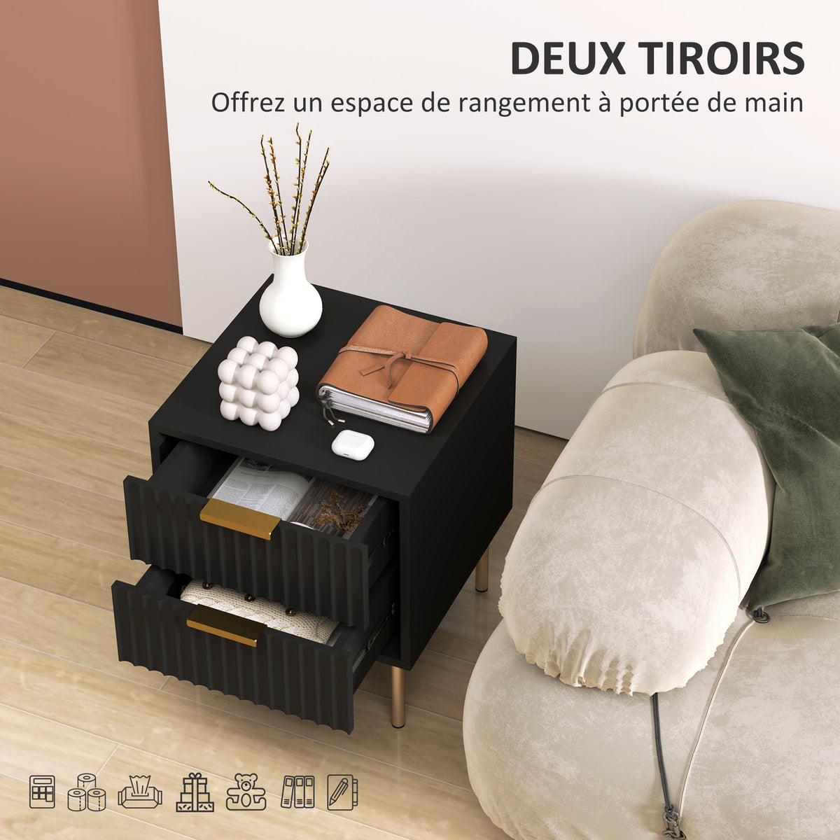 Table de chevet cannelée avec 2 tiroirs et pieds en acier, noir