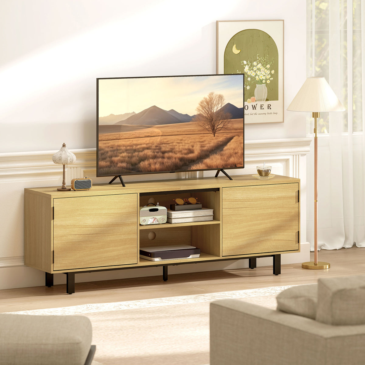 Meuble TV, 65 pouces, 2 portes et 2 étagères, 160x35x55,5cm, bois naturel