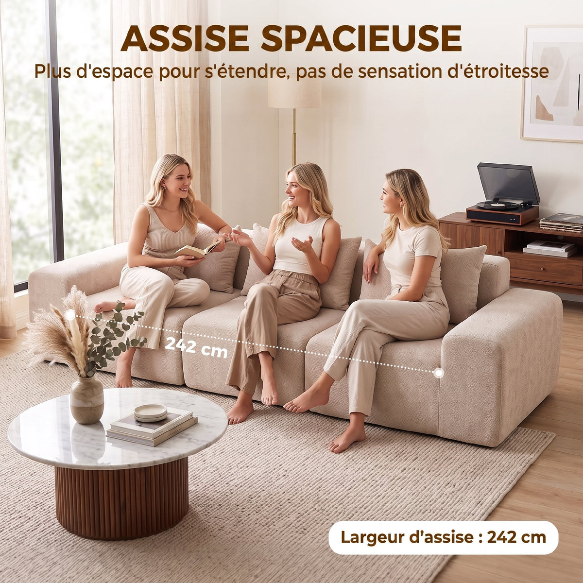 Canapé 3 Places 320 cm, Canapé Modulaire, Entièrement Compressé, Beige