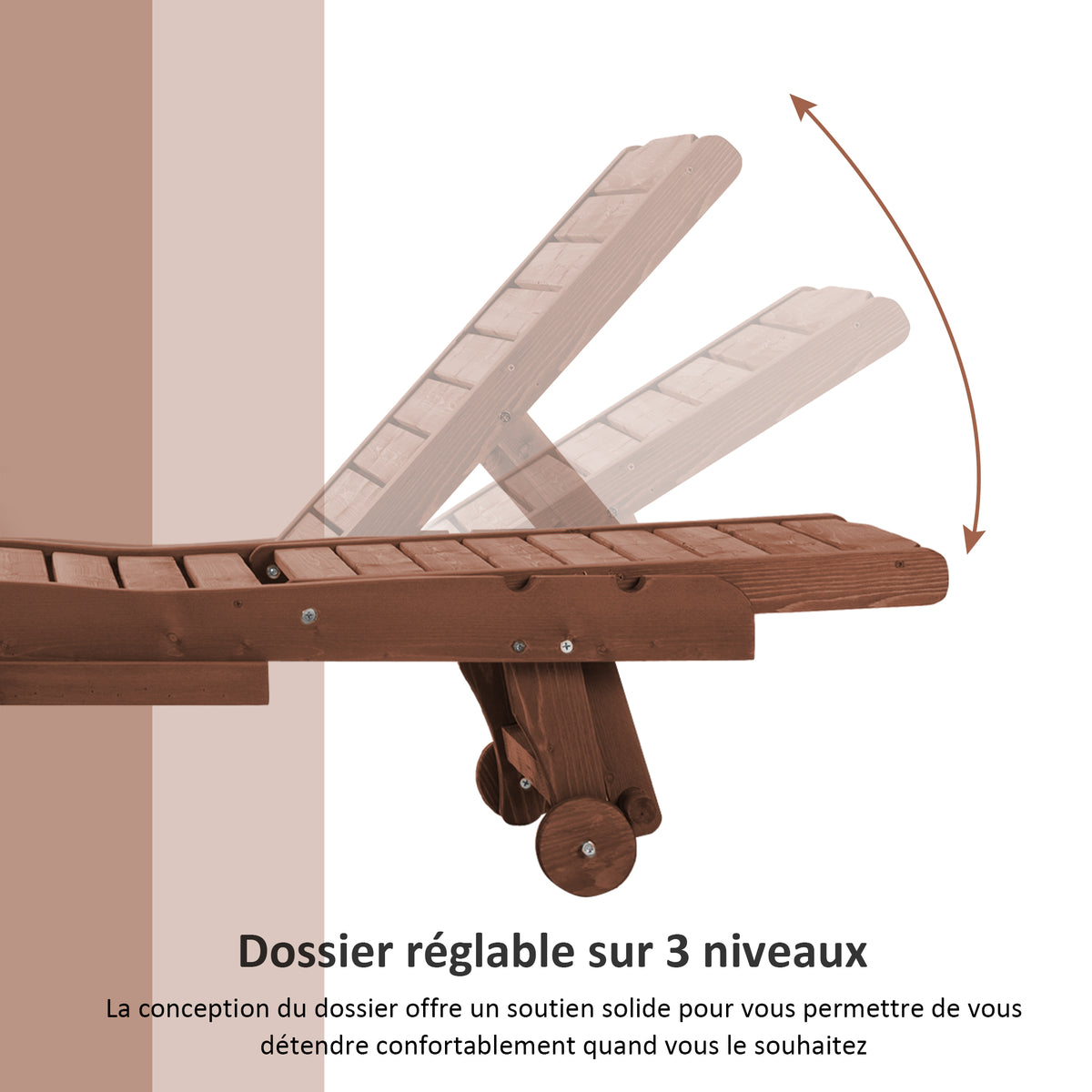 transat Style Colonial, Dossier réglable, 3 Positions roulettes Bois Sapin