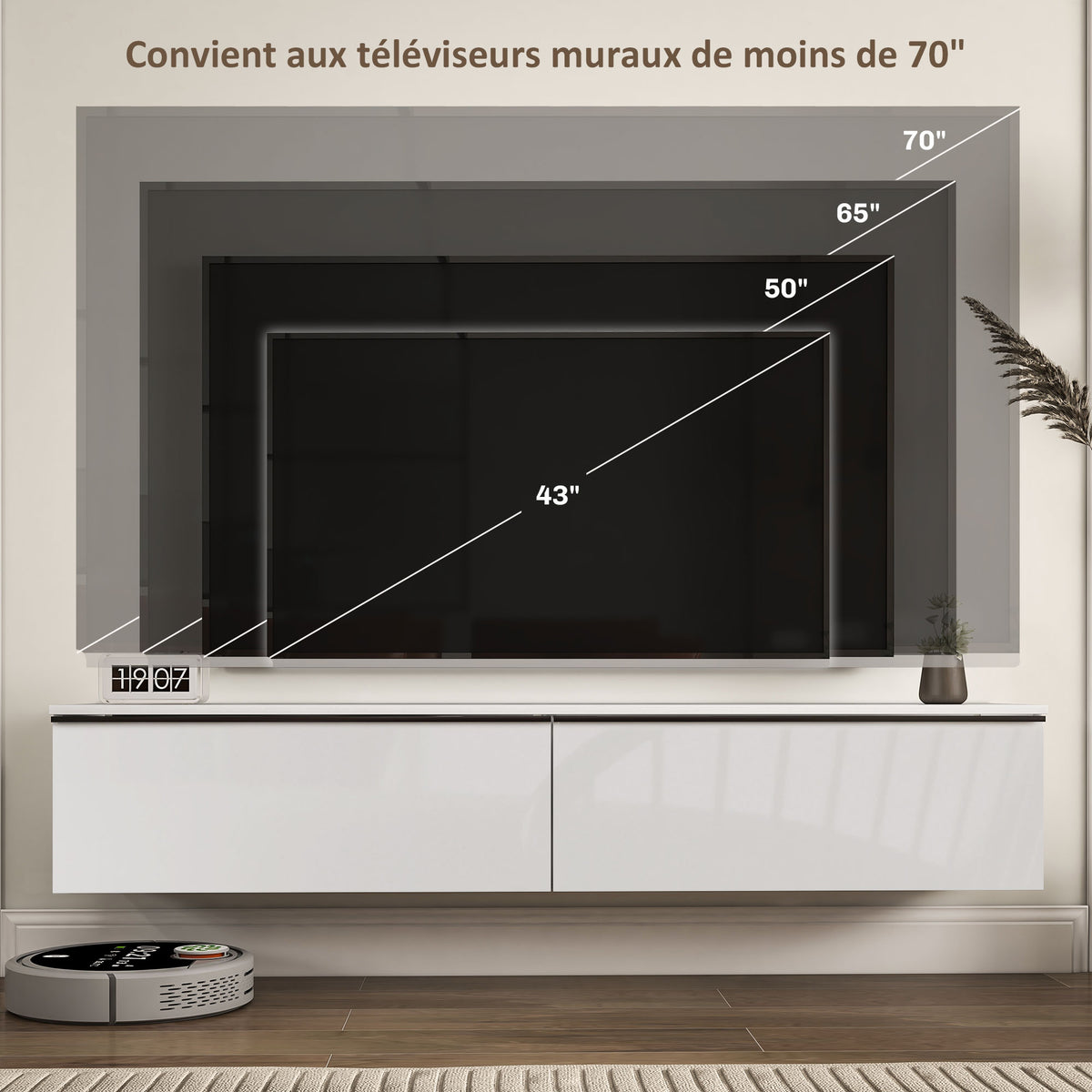 Meuble TV suspendu avec placard, jusqu'à 70 pouces, blanc