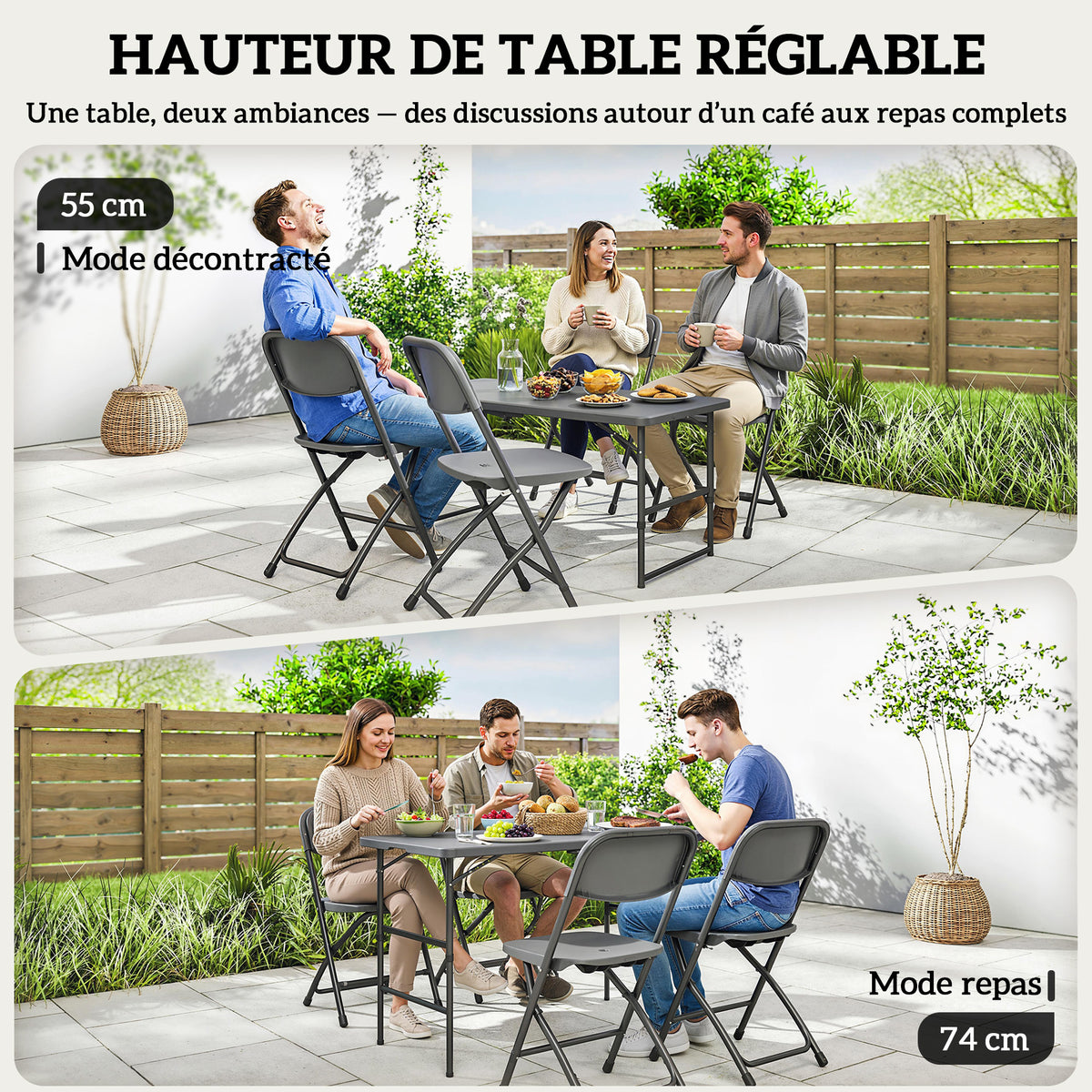 Salon de jardin extérieur avec 4 chaises pliables table réglable en hauteur 118 cm gris foncé