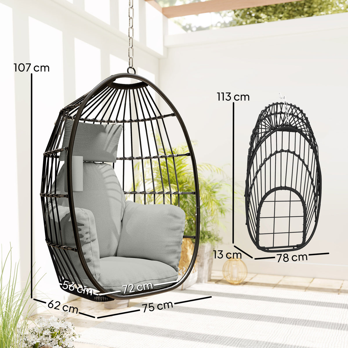 Fauteuil suspendu, coussins rembourrés, porte-gobelet, oreiller, gris foncé