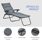 Transat pliable inclinable 6 positions avec matelas + accoudoirs acier polyester gris