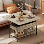 Table basse relevable et extensible, compartiment caché étagères ouvertes, 98x49x55cm, bois naturel