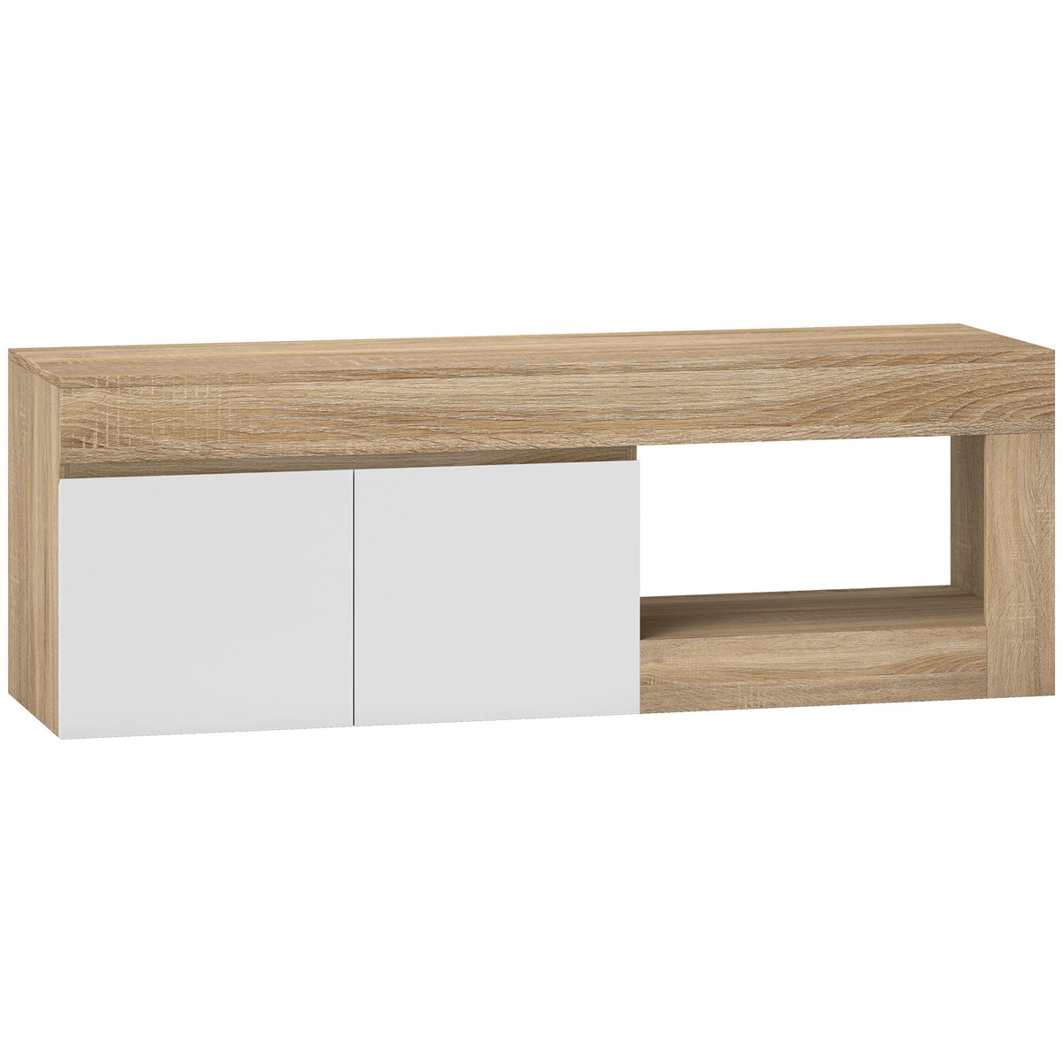 Meuble TV 2 portes jusqu'à 60 pouces, placard et étagère ouverte, effet bois naturel