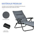 Transat pliable inclinable 6 positions avec matelas + accoudoirs acier polyester gris