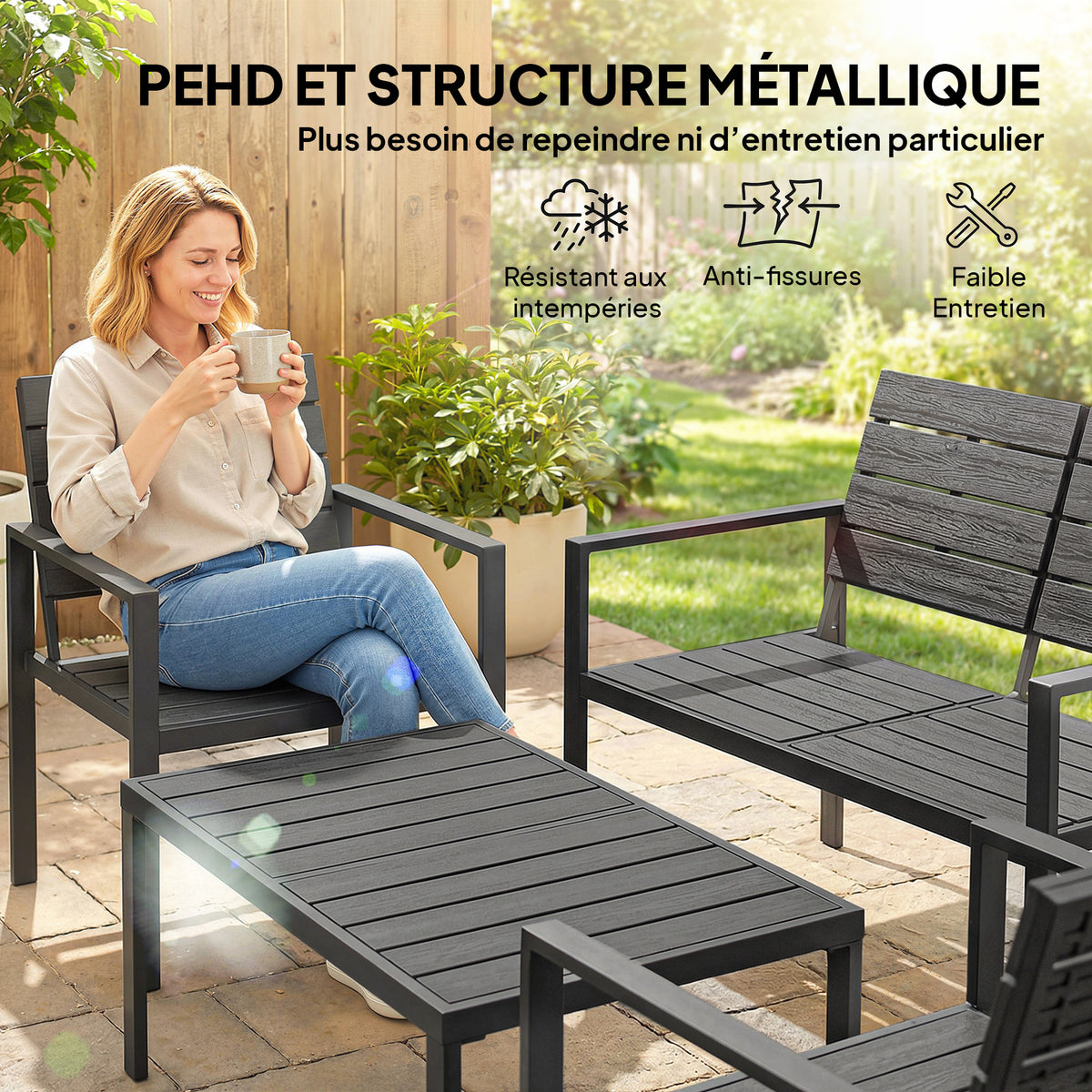 Salon de Jardin Extérieur 4 Pièces, Canapé 2 Places, 2 Chaises, Table Basse, Effet Bois Noir