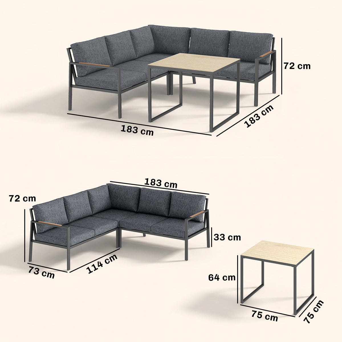 Salon de Jardin 3 Pièces, 2 Canapés avec Coussins Épais, 1 Table Basse, 183x183x72cm, Gris Foncé