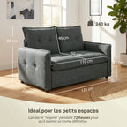 Canapé 2 places, 131 cm avec assise rembourrée, coussins à ressorts, tissu en lin, gris foncé
