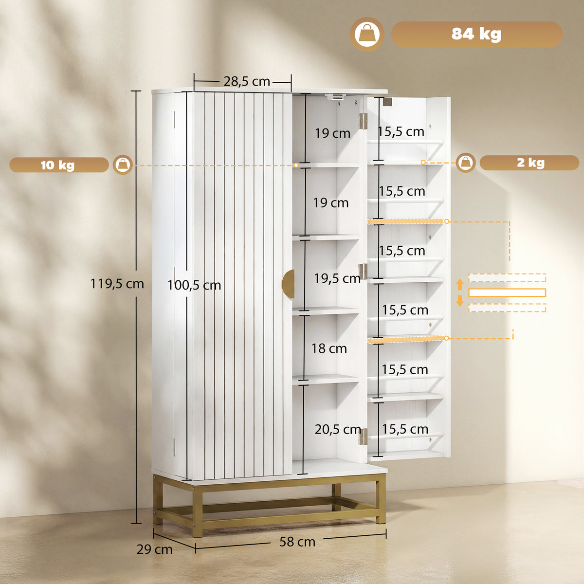Armoire de cuisine, 12 étagères à portes, 58x29x119,5cm, blanc