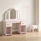 Coiffeuse pour Enfants avec Tabouret, Miroir à Trois Volets en Acrylique, 2 Tiroirs et 2 Placards, Rose