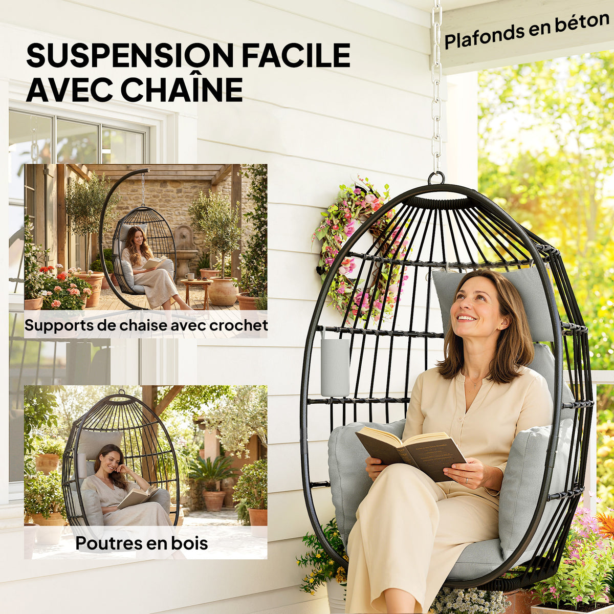 Fauteuil suspendu, coussins rembourrés, porte-gobelet, oreiller, gris foncé