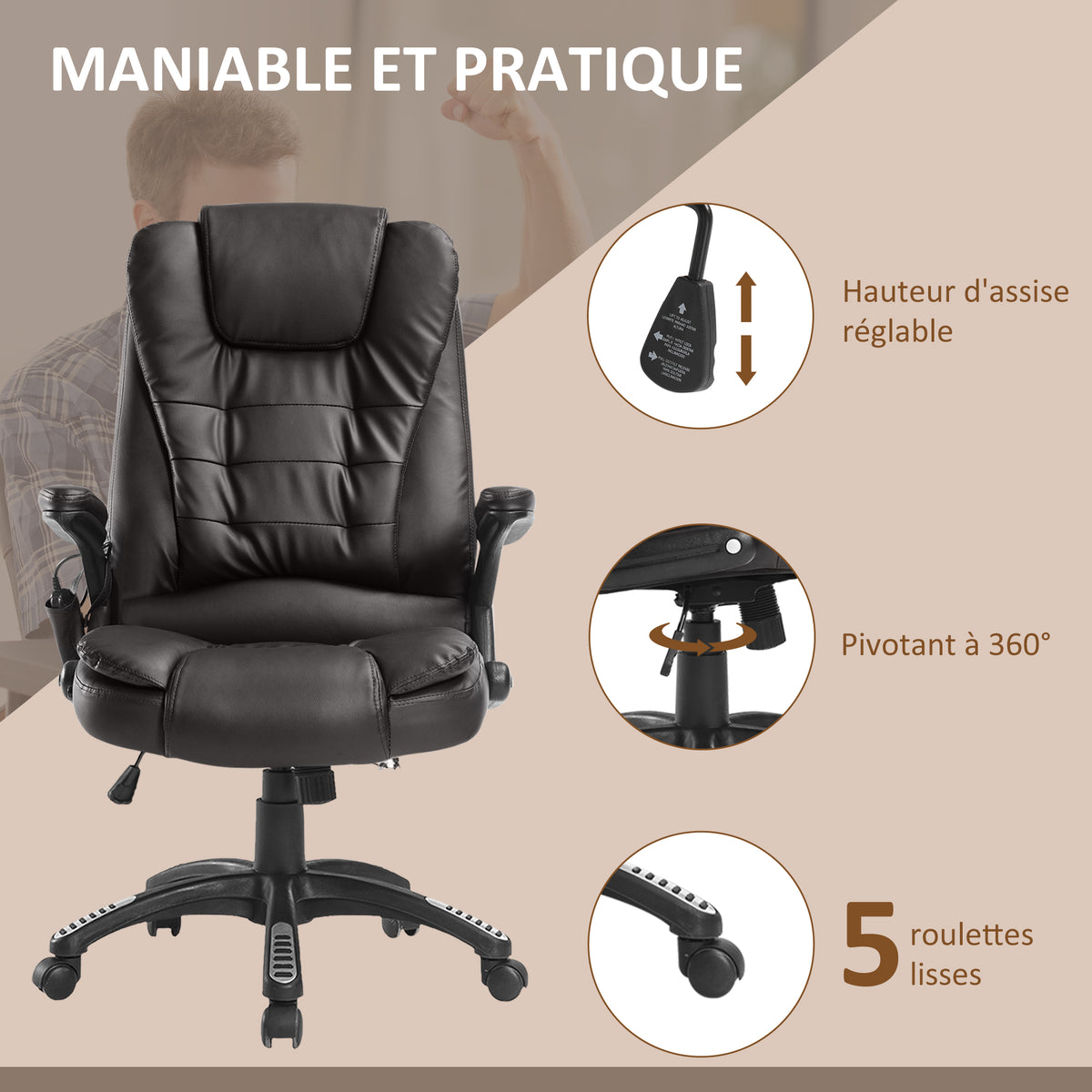 Fauteuil de bureau massant et chauffant électrique, noir