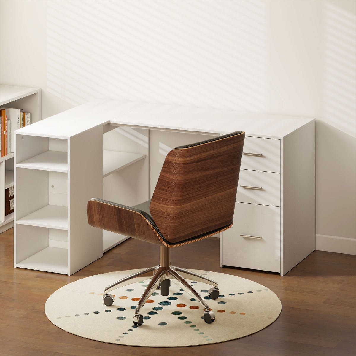 Bureau d'Angle, 3 Tiroirs, 5 Compartiments, Étagères Réglables, 140x100x75cm, Blanc