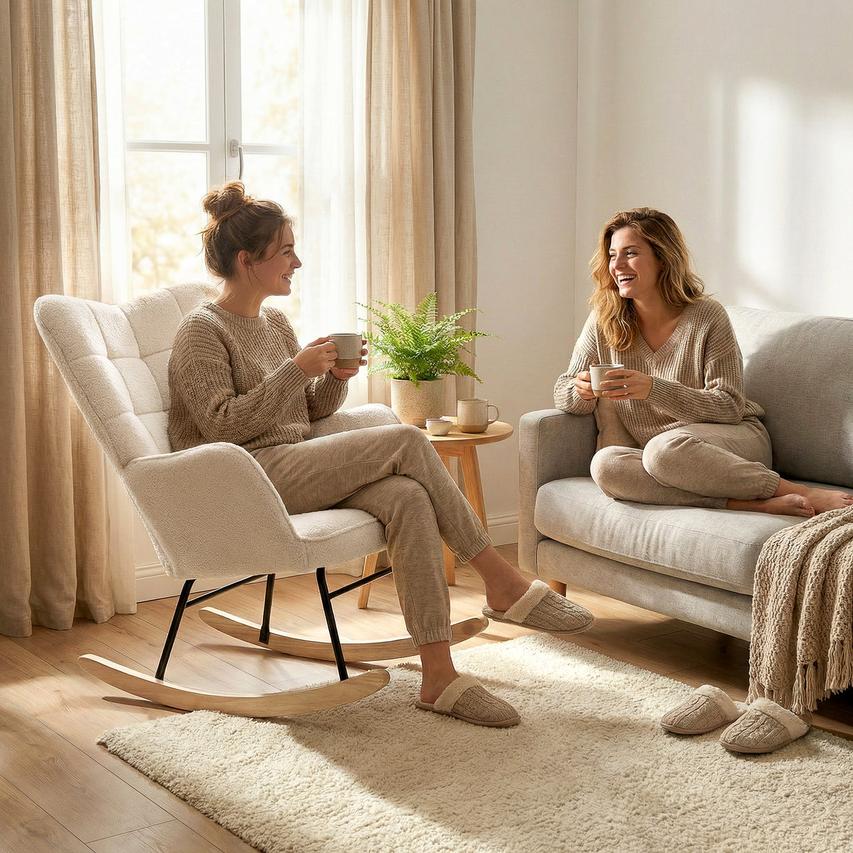 Fauteuil à bascule, effet laine, structure en acier 71 x 98 x 101 cm beige