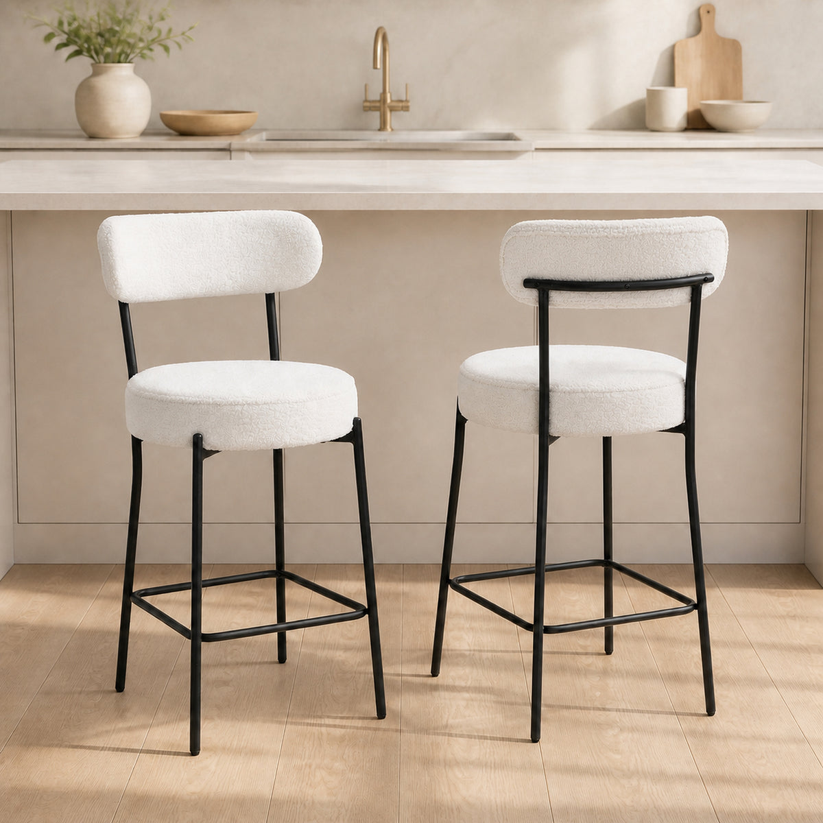 Lot de 2 tabourets de bar, dossier courbé, repose-pieds, 49x52x95cm, crème