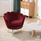 Fauteuil en velours, forme coquillage avec pieds en métal doré, rouge