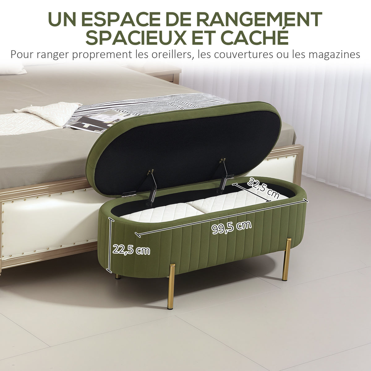 Banc de rangement, bout de lit en velours, pieds en métal, 72 L, 108x44x43,5cm, vert foncé