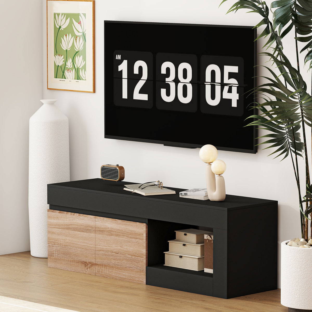 Meuble TV 2 portes jusqu'à 60 pouces, placard et étagère ouverte, noir
