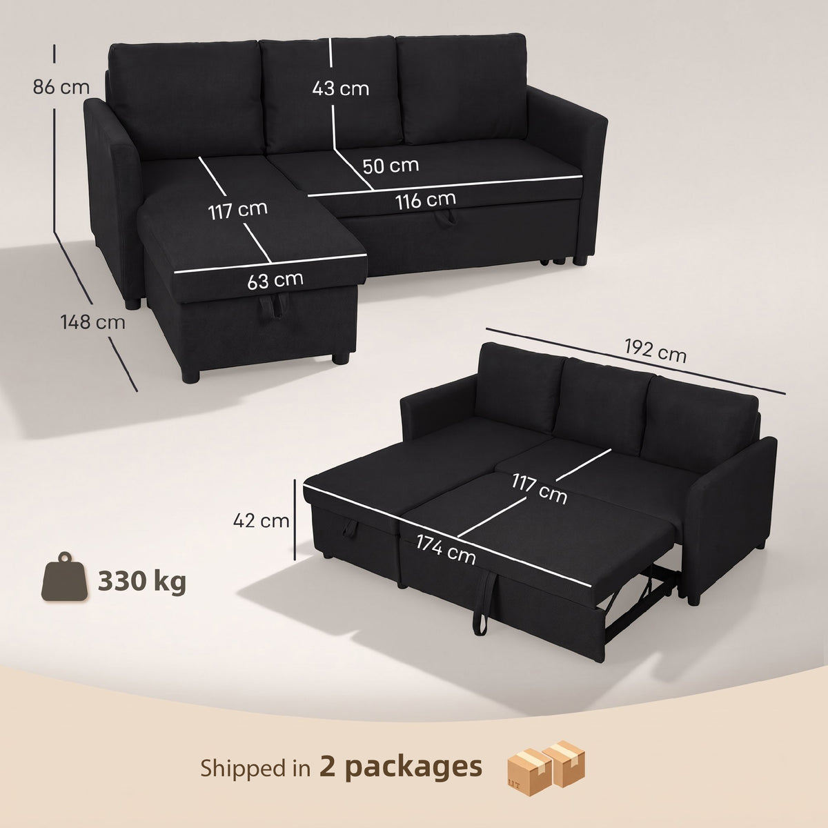 Canapé d'Angle Convertible, Canapé-Lit 3 Places 192 cm, Gris Anthracite