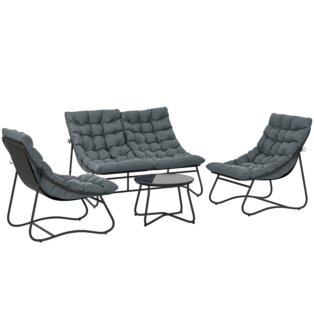 Salon de Jardin 4 Pièces avec Coussins Épais 8cm, en Acier, Gris