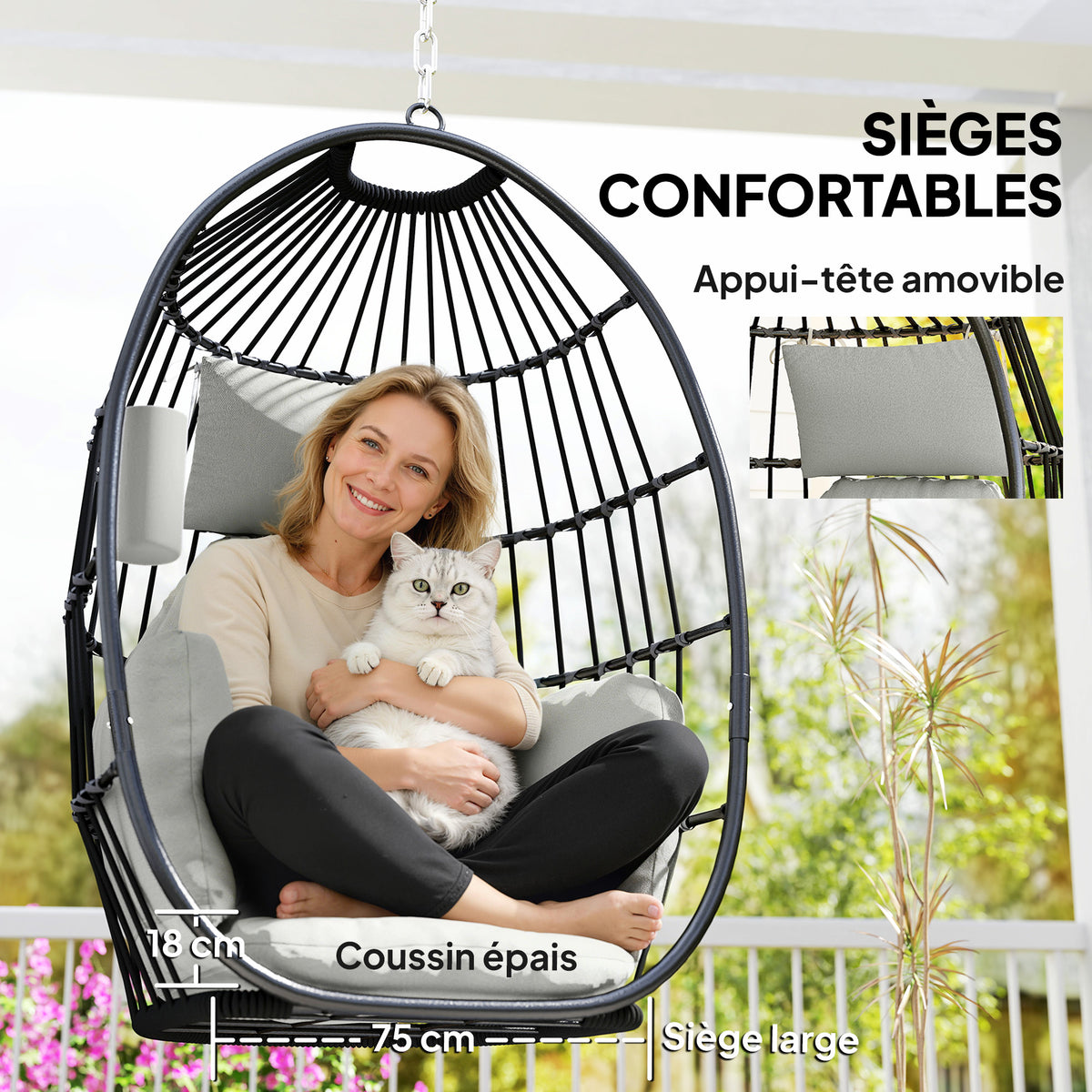 Fauteuil suspendu, coussins rembourrés, porte-gobelet, oreiller, gris foncé