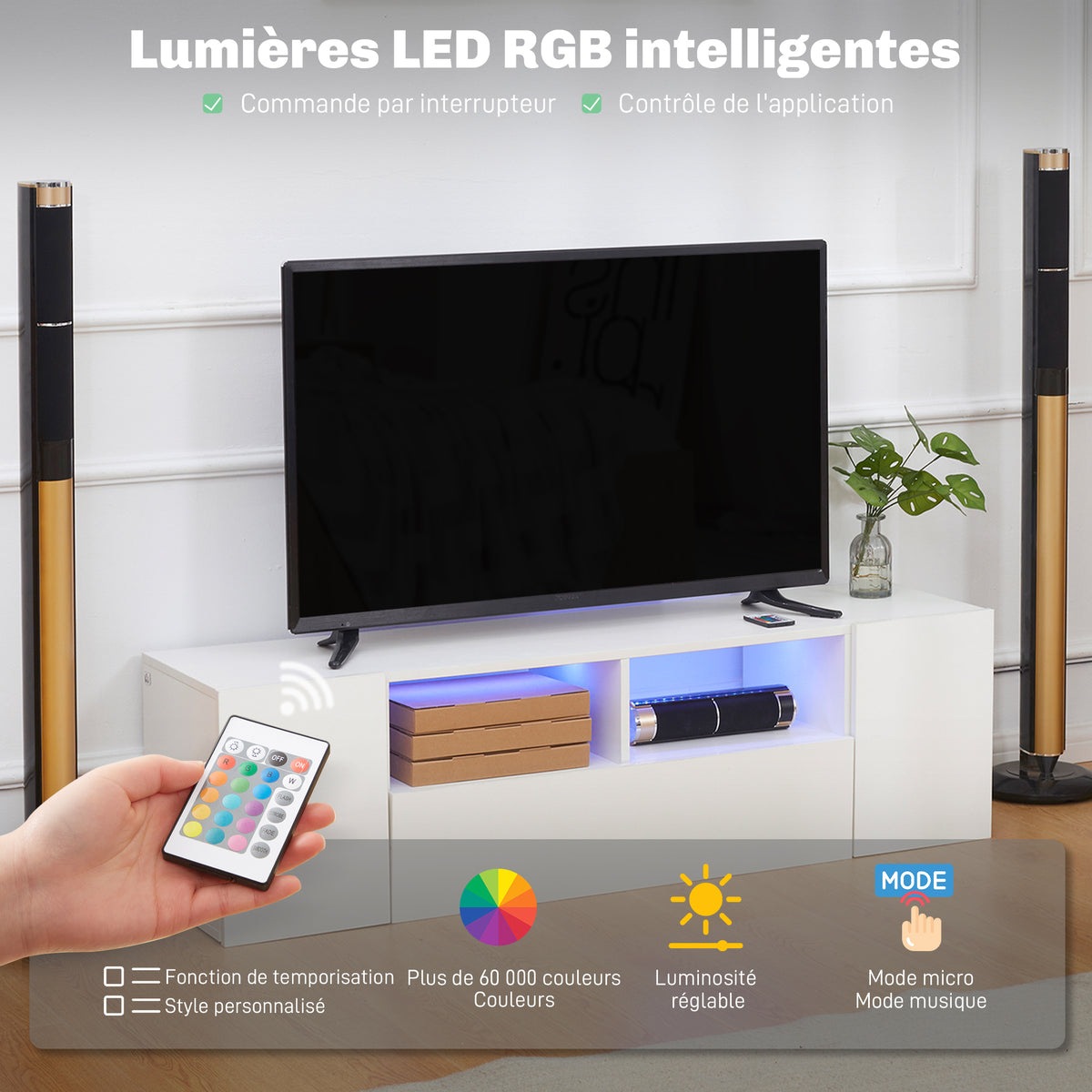 Meuble TV, jusqu'à 60 pouces, avec lumières LED, 2 étagères et placards, 137 x 35 x 42 cm, blanc
