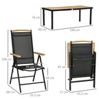 Salon de jardin 6 personnes, cadre en aluminium, table 190 cm, 6 chaises pliables et inclinables, noir