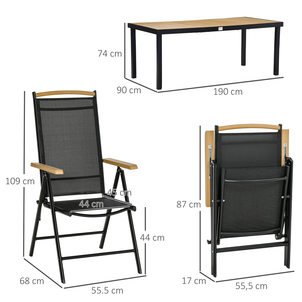 Salon de jardin 6 personnes, cadre en aluminium, table 190 cm, 6 chaises pliables et inclinables, noir