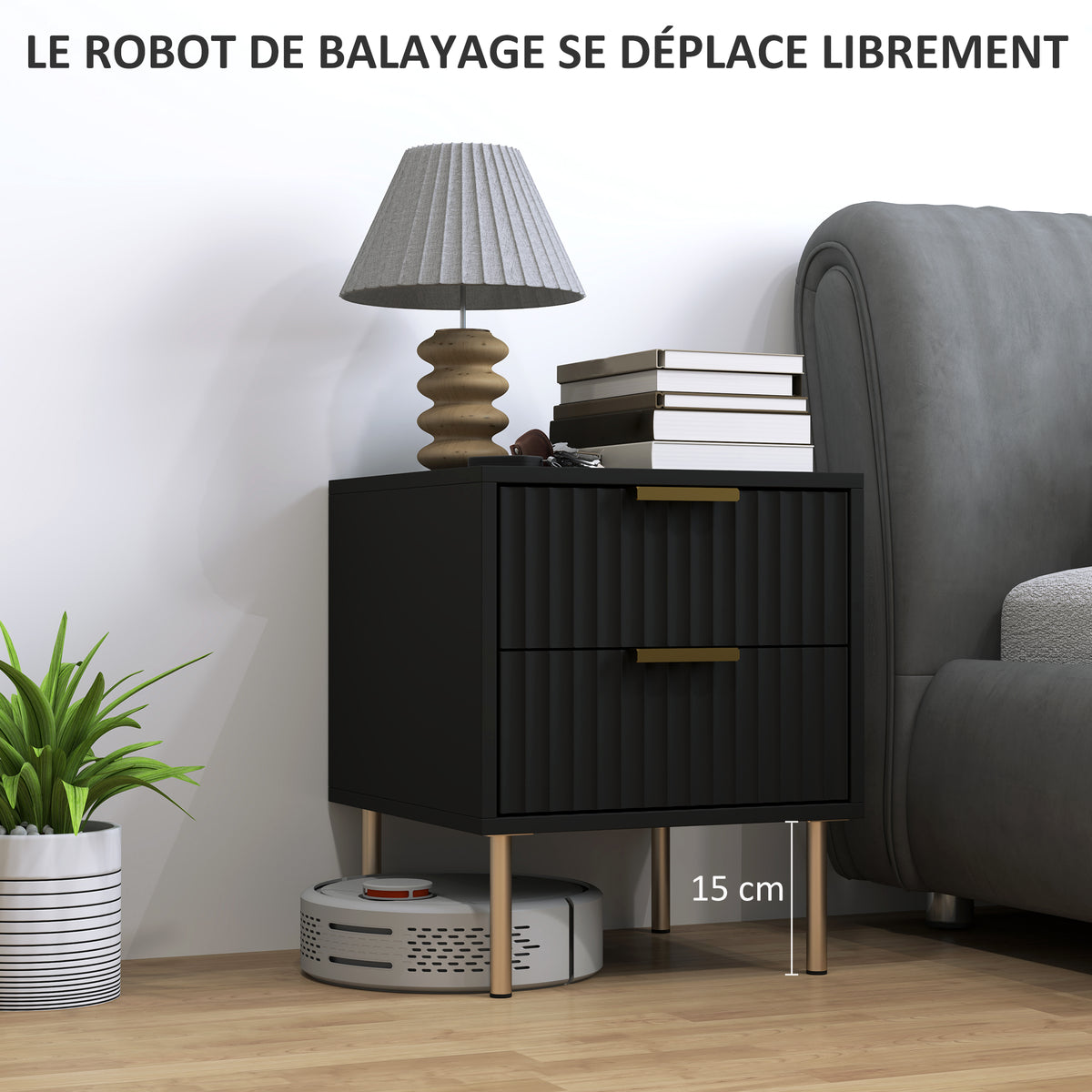 Table de chevet cannelée avec 2 tiroirs et pieds en acier, noir