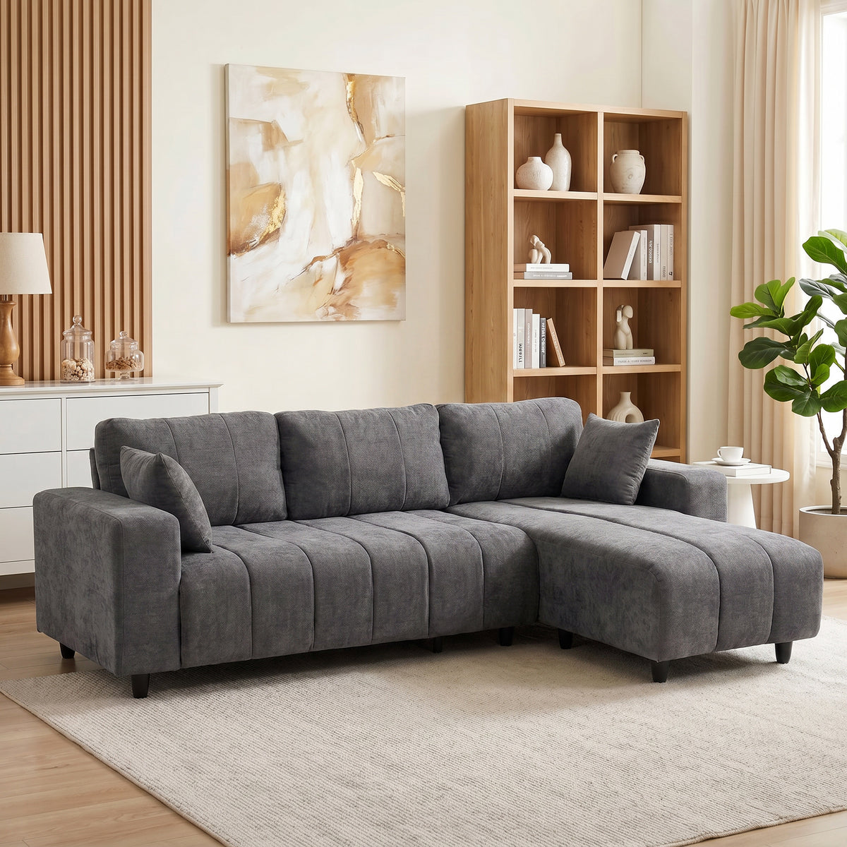 Canapé Modulable 242 cm, 4 Places ,2 Oreillers, Tissu Aspect Lin, Gris